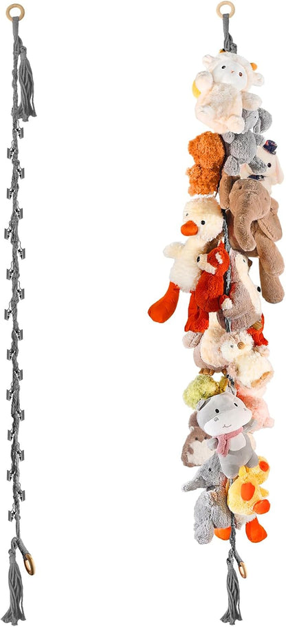 80" Cotton Hanging Storage Chain For Stuffed Animals Storage with 40 Metal Clips, Stuffed Animal Organizer Chain for Wall Corner Nursery Play Room, Grey