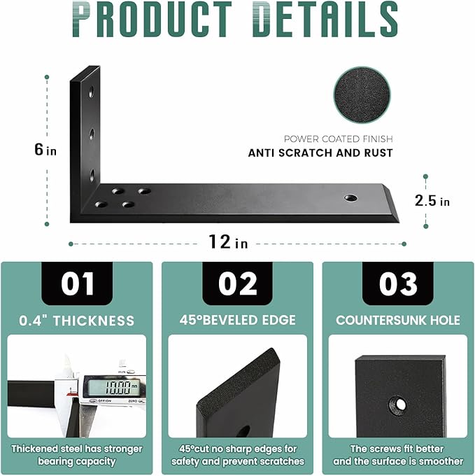 Countertop Support Brackets 4 Pack L Bracket Countertop Brackets 12" x 6" x 2.5" Heavy Duty 3/8" Thick Shelf Brackets Metal Corbels L Shape Bracket for Wood Shelf/Quartz/Granite/Concret Countertops