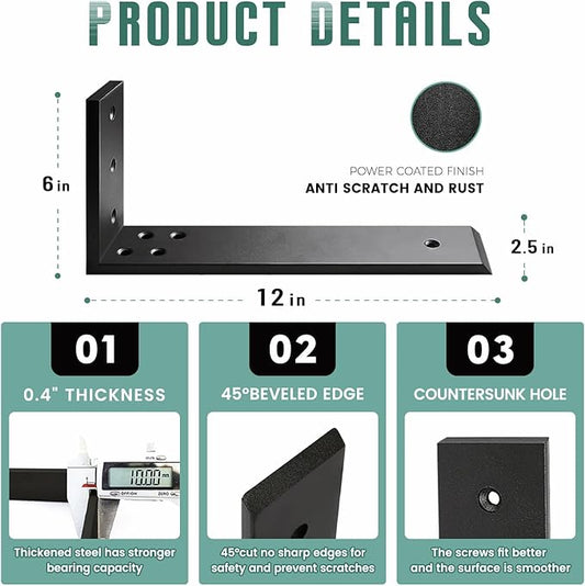 Countertop Support Brackets 3 Pack L Bracket Countertop Brackets 12" x 6" x 2.5" Heavy Duty 3/8" Thick Shelf Brackets Metal Corbels L Shape Bracket for Wood Shelf/Quartz/Granite/Concret Countertops