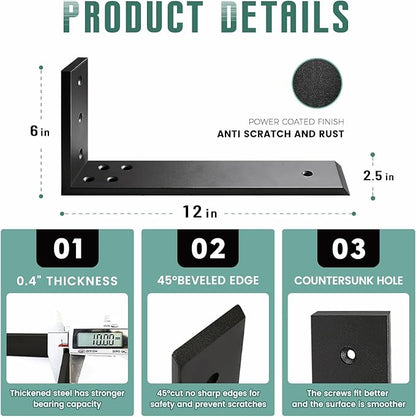 Countertop Support Brackets 2 Pack L Bracket Countertop Brackets 12" x 6" x 2.5" Heavy Duty 3/8" Thick Shelf Brackets Metal Corbels L Shape Bracket for Wood Shelf/Quartz/Granite/Concret Countertops