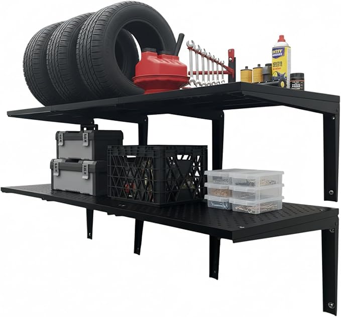2-Pack Folding Shelving Wall Mounted 16x48 Inch, Heavy Duty Metal Wall Shelves,300lbs Capacity Storage Rack for Garage Organization System, Black