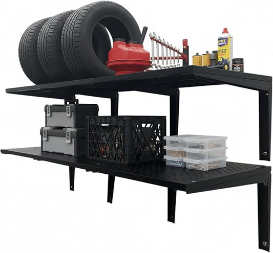 2-Pack Folding Shelving Wall Mounted 16x48 Inch, Heavy Duty Metal Wall Shelves,300lbs Capacity Storage Rack for Garage Organization System, Black
