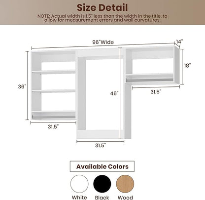 ROOMTEC Modular Closet System, 96" Closet Organizer with Hanging Rods, Wall-Mounted Wooden Tower for Walk-In Closets, Wardrobe Storage Kit, White