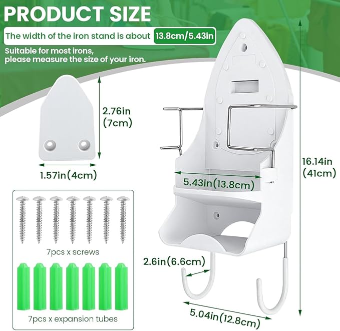 Iron Board Hanger Wall Mount Electric Iron Holder Ironing Board Holder Wall Mount Room Storage Iron and Ironing Board Storage Organizer Shelf with Removable Hooks