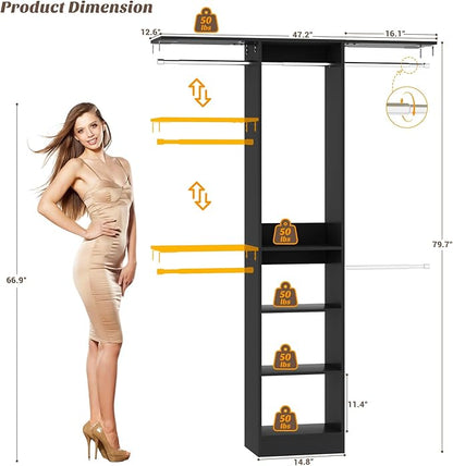 48" Closet Organizer System, 4FT Closet System for Small Closets with 4 Hanging Rods & 3 Shelves, 80"H Small Closet Organizers and Storage for Bedrooms, Cloakrooms, Black