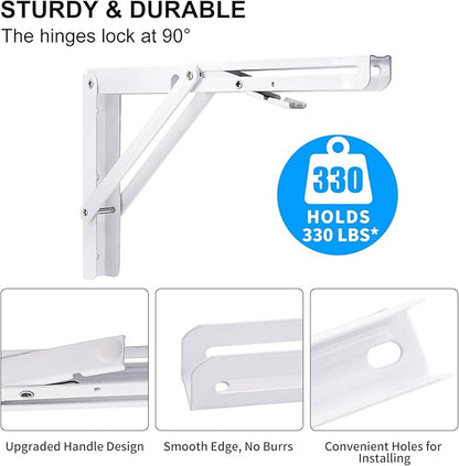 YUMORE Folding Shelf Bracket Heavy Duty, 12 Inch White Collapsible Shelf Bracket, DIY L Bracket for Workbench Folding Table Hinge, Max Load: 330lbs, 2 Pack