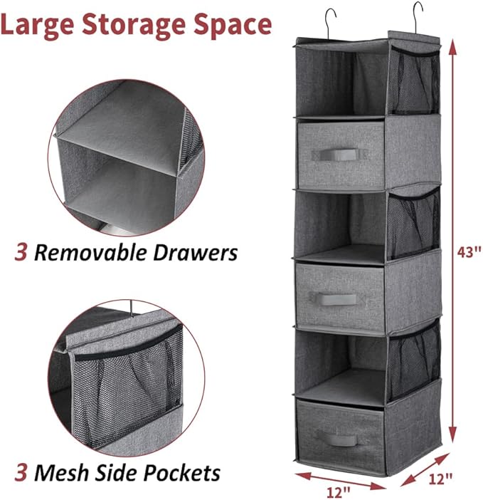 Hanging Closet Organizer, 6-Shelf Closet Organizers and Storage with 3 Removable Drawers, Sturdy Hanging Shelf Organizer for Bedroom, Dark Gray