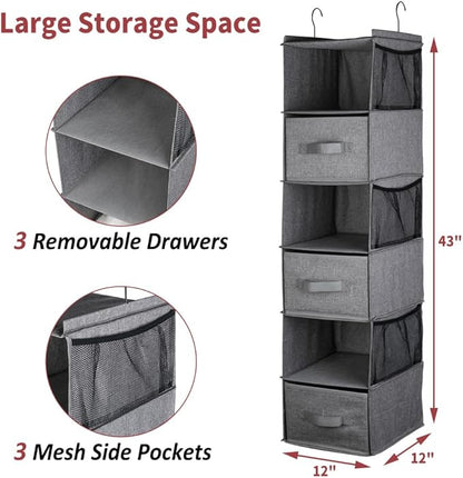 Hanging Closet Organizer, 6-Shelf Closet Organizers and Storage with 3 Removable Drawers, Sturdy Hanging Shelf Organizer for Bedroom, Dark Gray