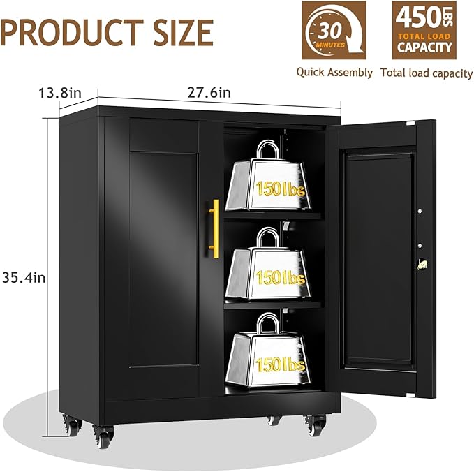 35" Metal Storage Cabinet with Lock and Wheels, Lockable Office File Cabinet with 2 Doors and 2 Adjustable Shelves, Rolling Steel Tool Garage Cabinets for Home Office (Black)