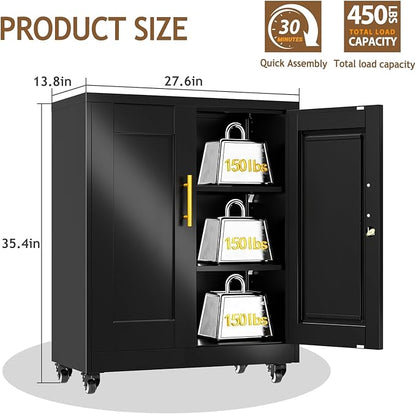 35" Metal Storage Cabinet with Lock and Wheels, Lockable Office File Cabinet with 2 Doors and 2 Adjustable Shelves, Rolling Steel Tool Garage Cabinets for Home Office (Black)