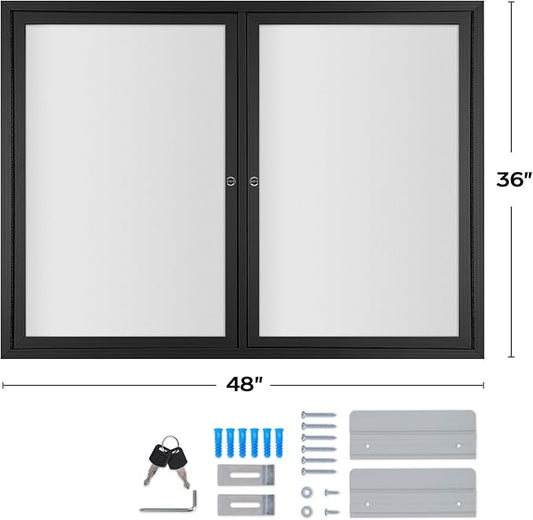 INNOVART Enclosed Bulletin Board 48”x36”, Lockable Dry Erase Noticeboard with Black Aluminum Frame, Outdoor Enclosed Whiteboard Weatherproof, Wall Display Case with Swing-Open Door Information Cabinet