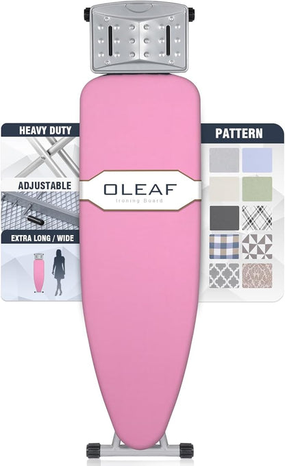 oleaf Ironing Board with Cover and Thicken Pad 43 x 13 Height Adjustable Full Size Foldable Iron Board with Iron Rest, Stable Steel Legs, Metal Construction, Heat Resistant, Pink