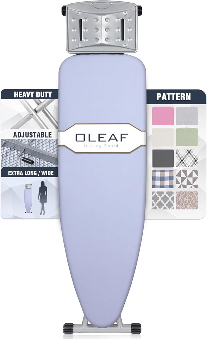 oleaf Ironing Board with Cover and Thicken Pad 43 x 13 Height Adjustable Full Size Foldable Iron Board with Iron Rest, Stable Steel Legs, Metal Construction, Heat Resistant, Sky Blue