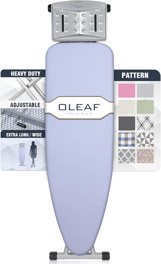oleaf Ironing Board with Cover and Thicken Pad 43 x 13 Height Adjustable Full Size Foldable Iron Board with Iron Rest, Stable Steel Legs, Metal Construction, Heat Resistant, Sky Blue