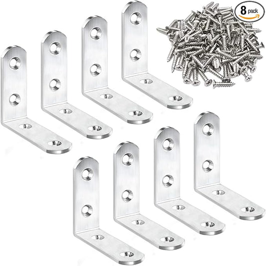 8 Pack L Bracket Corner Braces 2 Inch Stainless Steel Heavy Duty Shelf Bracket for Wood Shelves, Wall Hanging Support 90 Degree Joint Right Angle Brackets with Screws