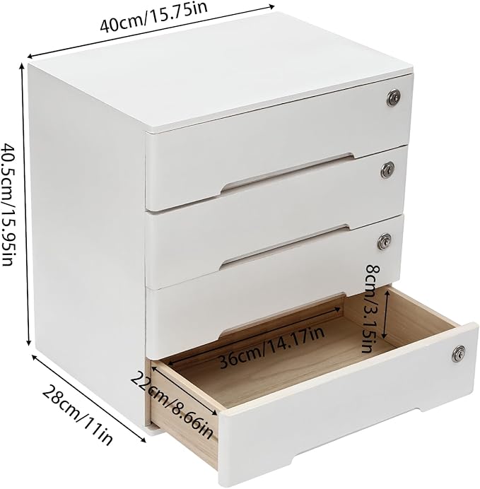 4 Drawers Wood Storage Box, Flat File Cabinet, Storage Cabinet Organizer with Lockable Drawers, Office Supplies File Organizer, Art Storage Cabinets, Multipurpose Tool Box for Home Office (White)