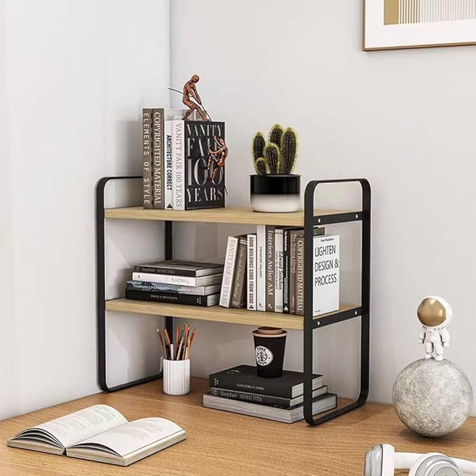 Hbluefat Desktop Organizer Shelf, 2-Tier Multipurpose Tabletop Storage Bookshelf, Small Wooden Countertop Storage Rack for Home Office Kitchen (Wood+Black)