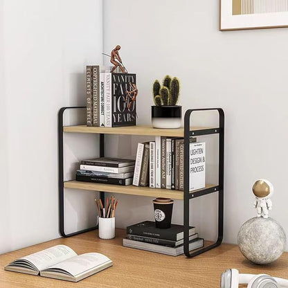Hbluefat Desktop Organizer Shelf, 2-Tier Multipurpose Tabletop Storage Bookshelf, Small Wooden Countertop Storage Rack for Home Office Kitchen (Wood+Black)