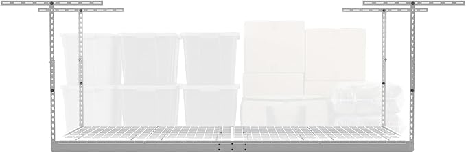 MonsterRax Overhead Garage Storage Rack - 4 x 8 Ceiling Rack for Garage Racks, Organization Shelving, Adjustable Hanging Shelf, White, 12"-21" Height Adjustment