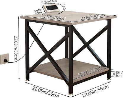 Large Printer Stand with Power Outlet, with Storage Shelf, 2 Tier Rolling Printer Cart with Industrial Wheels, 23.6 x 23.6 Inches Printer Table for Home Office,Greige