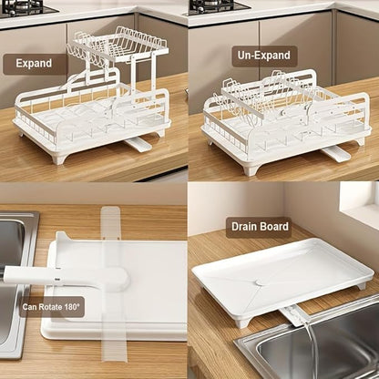 2 Tier Dish Drying Rack Automatic Drainage Board Space-Saving for Kitchen Counter with Cups Holder