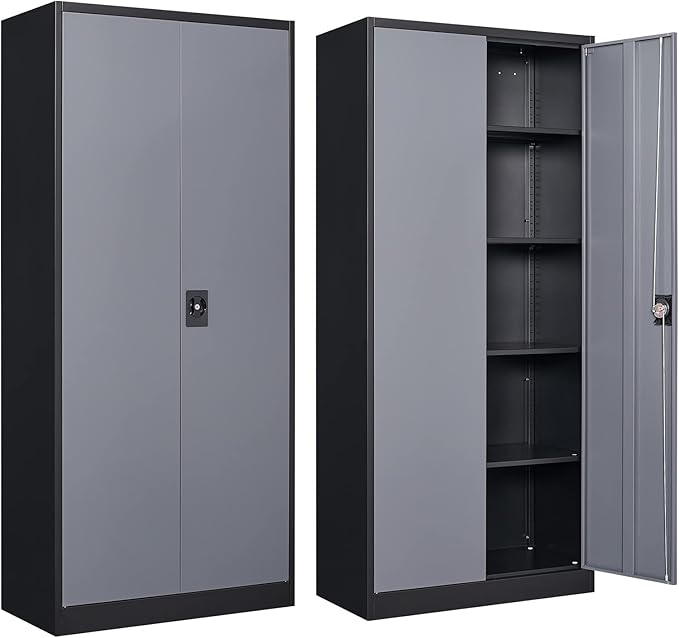 Metal Storage Cabinet with 2 Doors and 4 Adjustable Shelves, 71" Steel Garage Storage Cabinet, Locking Tool Cabinets for Office, Home,School,Kitchen,Garage Tool Utility Cabinet Black Grey