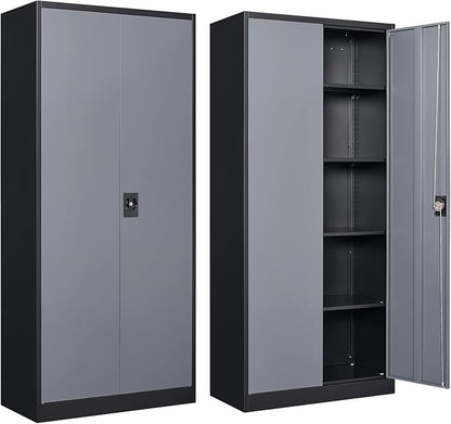 Metal Storage Cabinet with 2 Doors and 4 Adjustable Shelves, 71" Steel Garage Storage Cabinet, Locking Tool Cabinets for Office, Home,School,Kitchen,Garage Tool Utility Cabinet Black Grey