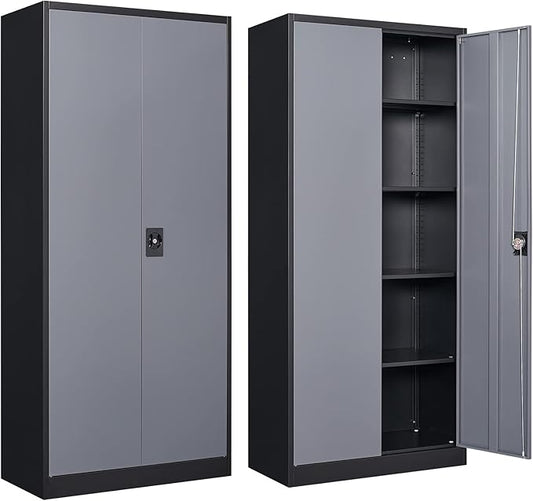 Metal Storage Cabinet with 2 Doors and 4 Adjustable Shelves, 71" Steel Garage Storage Cabinet, Locking Tool Cabinets for Office, Home,School,Kitchen,Garage Tool Utility Cabinet Black Grey