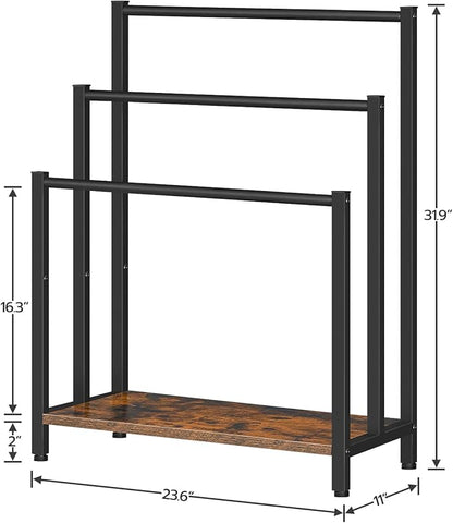 HOOBRO Free Standing Towel Rack, 3 Tier Blanket Rack, Blanket Holder for Bathroom, 23.6" L x 11" W x 31.9" H, Industrial Metal Drying and Display Rack with Shelf, Rustic Brown and Black BF06LB01
