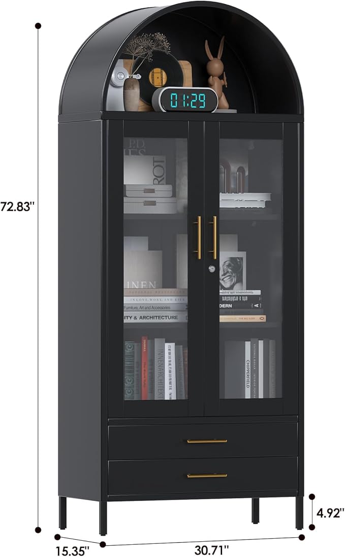 73'' Black Tall Arched Bookcase Cabinet with Glass Doors, Metal Arched Pantry Cabinet with 2 Drawers for Home Kitchen Office,Required Assembly