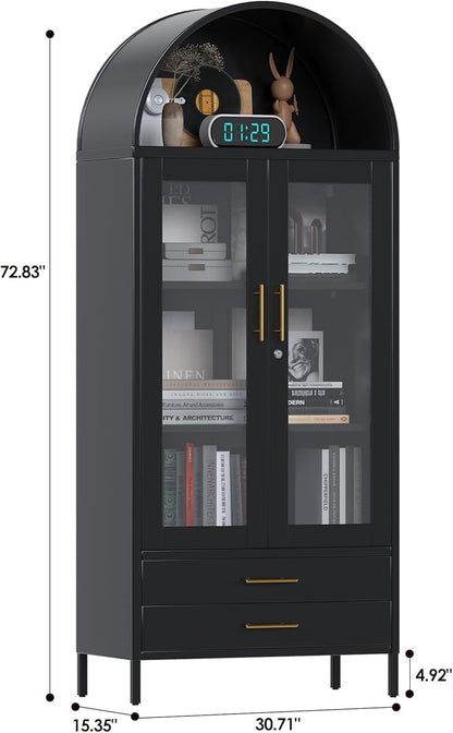 73'' Black Tall Arched Bookcase Cabinet with Glass Doors, Metal Arched Pantry Cabinet with 2 Drawers for Home Kitchen Office,Required Assembly