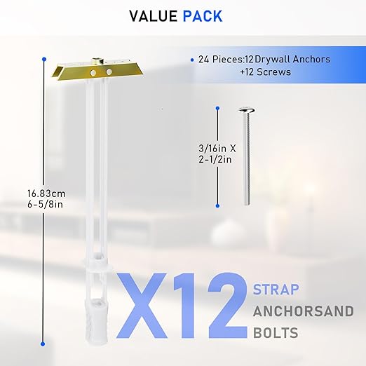 Drywall Anchor with Included Bolts for 3/16”-24, Heavy Duty Hollow Drywall Anchors for TV Mounting Kit, Strong Hollow Wall Anchors Holds up to 240lbs Each in 1/2” Drywall, 12 Packs