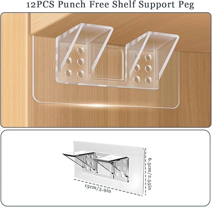 12 Pcs Punch Free Shelf Support Peg，Self Adhesive Support Shelf Bracket，Strong Load Bearing for Shelves Kitchen Cabinet Book Closet