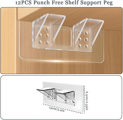 12 Pcs Punch Free Shelf Support Peg，Self Adhesive Support Shelf Bracket，Strong Load Bearing for Shelves Kitchen Cabinet Book Closet