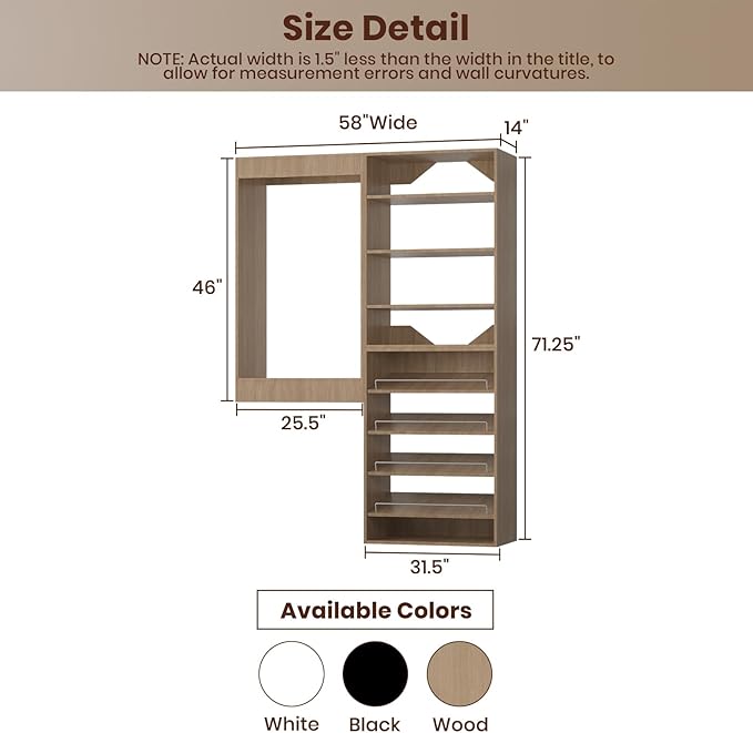 ROOMTEC Modular Closet System, 58" Wall Mounted Closet Organizer with Hanging Rods and Shoe Shelf, Wooden Tower for Walk-In Closets, Wardrobe Storage Kit, Wood