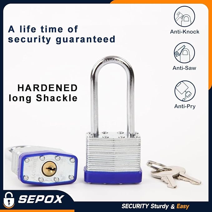 SEPOX® 12Pcs Set Keyed-Alike Laminated Steel Padlocks with Same-Key, 2-3/8" Extra Long-Shackle, 1-9/16" 40MM Heavy-Duty Padlock Body, Locks with 28Pcs Key with Big Handle for Lockers-Lock, Fence