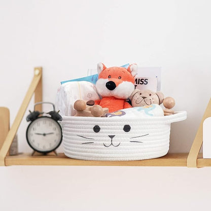 Small Woven Basket, Cute Cat Toy Basket for Living Room, Decorative Nursery Bin for Toys, Diapers, Empty Gift Baskets for Baby, White, 9.8 x 4 inches
