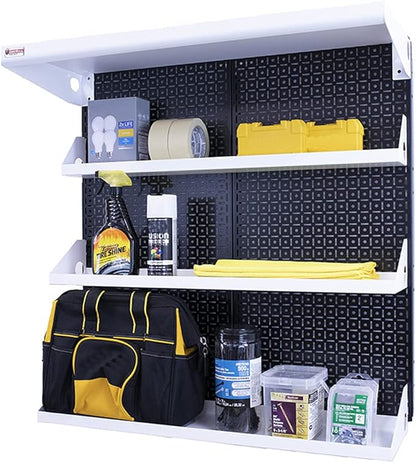 Metal Pegboard Shelving Organization System OmniWall Shelving Kit 32" x 32" Modular Pegboard- Panel Color: Black Accessory Color: White