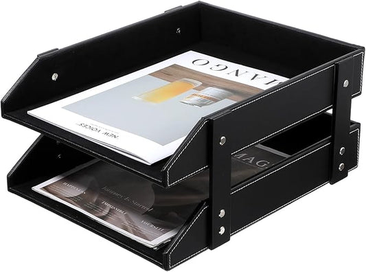 2-Tier Stackable Leather Desk Organizer, Letter Tray Holder for File, A4 Paper, Magazine & Stationery, Desktop Storage Box for Office & Home (Black)
