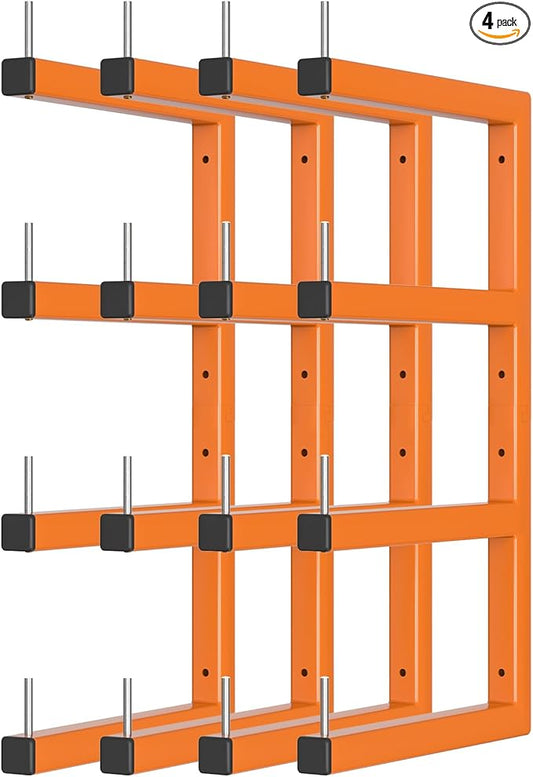 4-Pack Lumber Storage Rack, Wood Storage Racks Wall Mount, Heavy Duty Garage Wood Organizer With 8-Level System, Orange Utility Rack Organization Up 1600 Lbs, Metal Lumber Shelf for Indoor & Outdoor