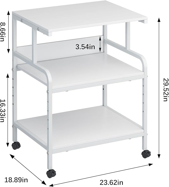 Large Printer Stand with Storage Shelf, 23.6" W x 18.9" D Printer Cart with Wheels, 3 Tier Mobile Printer Table for Home Office,Stands for Heat Press Scanner Fax (White)