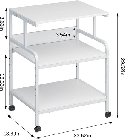 Large Printer Stand with Storage Shelf, 23.6" W x 18.9" D Printer Cart with Wheels, 3 Tier Mobile Printer Table for Home Office,Stands for Heat Press Scanner Fax (White)