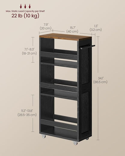 VASAGLE 4-Tier Slide-Out Storage Cart, Slim Kitchen Cart for Small Spaces, with Wheels, Handle, Bathroom, Laundry Room, 7.9 x 17 x 34.1 Inches, Ebony Black and Rustic Brown ULRC051K02