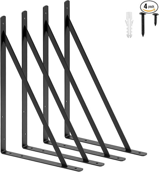 HOME MASTER HARDWARE 20inch x 13 inch Black Heavy Duty Shelf Brackets 4-Pack, Metal L Brackets with Screws - 90 Degree Angle Brackets for Shelves, Floating Shelf & Wall Mounted Shelf Support