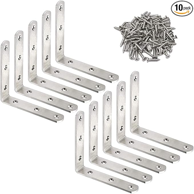 10 Pack L Bracket Corner Braces 4 Inch Stainless Steel Heavy Duty Shelf Bracket for Wood Shelves, Wall Hanging Support 90 Degree Joint Right Angle Brackets with Screws
