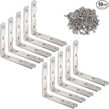 10 Pack L Bracket Corner Braces 4 Inch Stainless Steel Heavy Duty Shelf Bracket for Wood Shelves, Wall Hanging Support 90 Degree Joint Right Angle Brackets with Screws