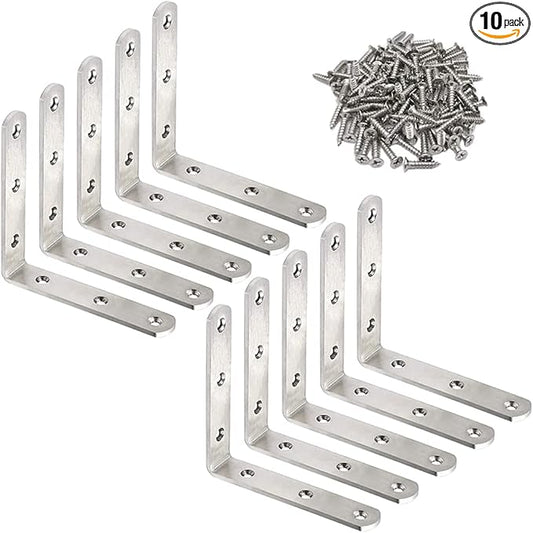 10 Pack L Bracket Corner Braces 4 Inch Stainless Steel Heavy Duty Shelf Bracket for Wood Shelves, Wall Hanging Support 90 Degree Joint Right Angle Brackets with Screws