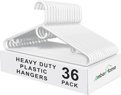 Amber Home 36 Pack Super Heavy Duty Plastic Hangers, White Plastic Hangers Non-Slip for Coat Jacket and Shirt, Non-Slip Pants Bar, Thick Strong Plastic Clothes Hangers with Hook for Scarves and Belts