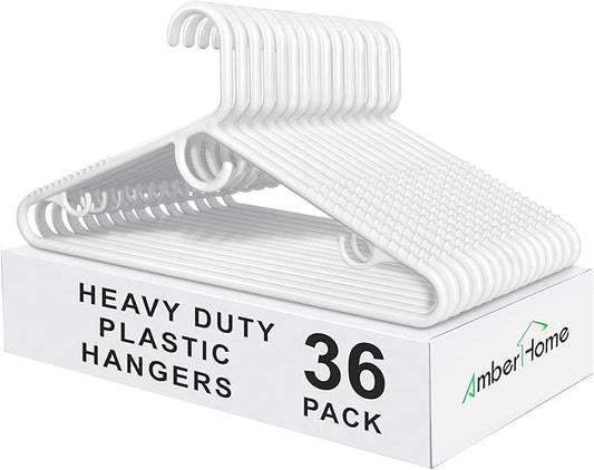 Amber Home 36 Pack Super Heavy Duty Plastic Hangers, White Plastic Hangers Non-Slip for Coat Jacket and Shirt, Non-Slip Pants Bar, Thick Strong Plastic Clothes Hangers with Hook for Scarves and Belts