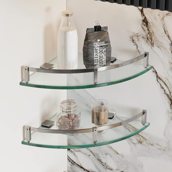 Bathroom Shelves, Glass Shelf Wall Mounted Glass Corner Shower Shelf for Bathroom with 304 Stainless Steel Rail (2 Packs)